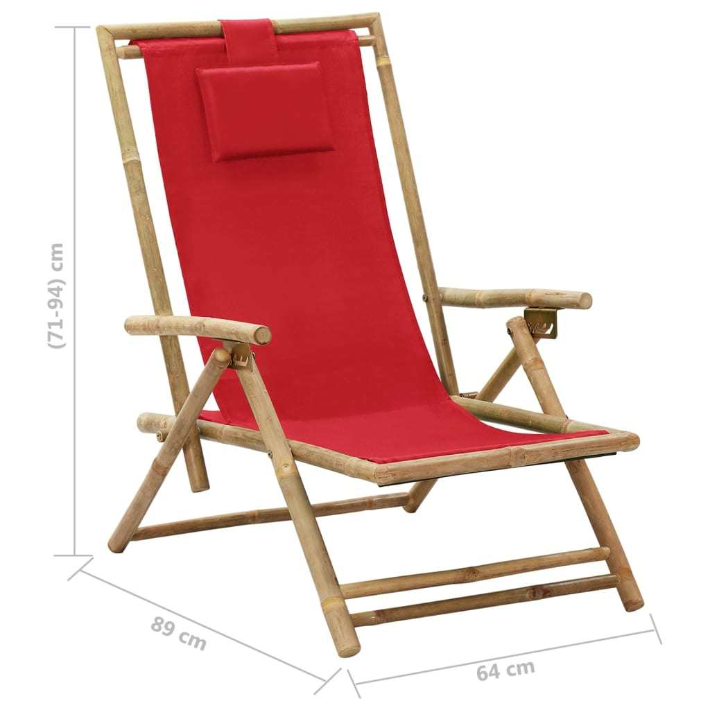 Reclining Relaxing Chair Red Bamboo and Fabric