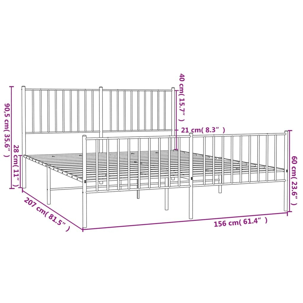 Metal Bed Frame with Headboard and Footboard White 59.8"x78.7"