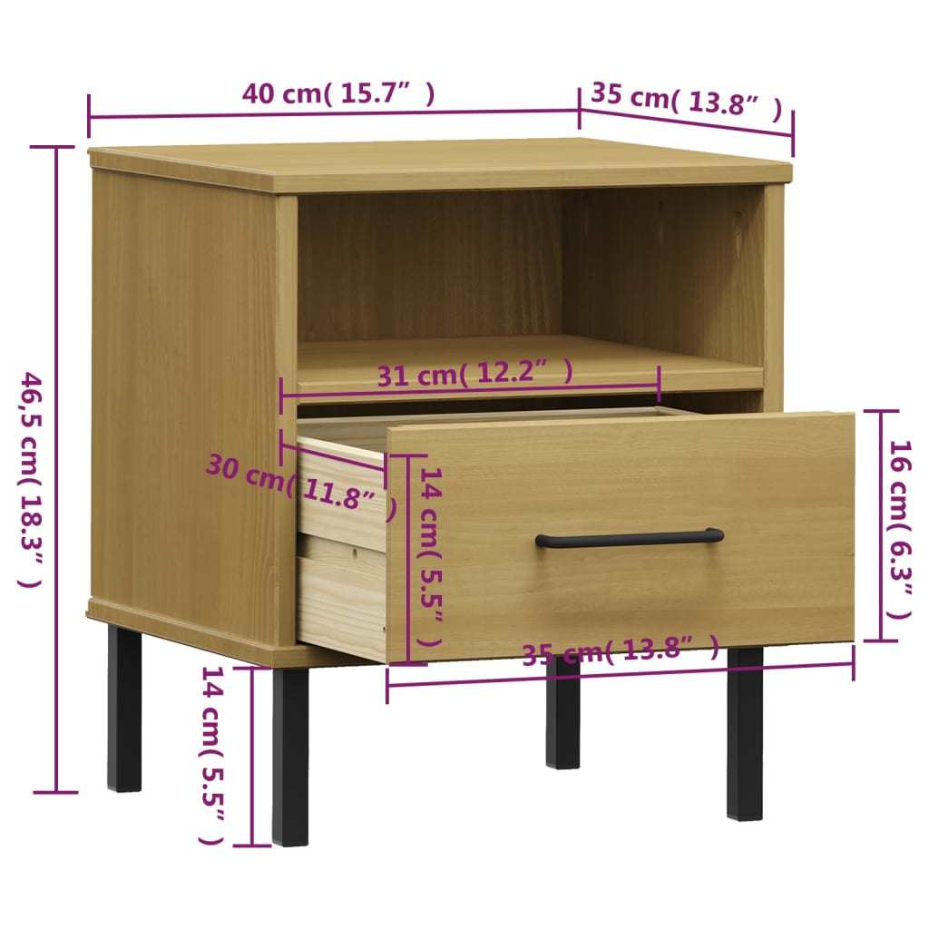 Bedside Cabinet with Metal Legs Brown Solid Wood Pine OSLO