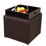 Square Storage Ottoman with Tray Faux Leather Upholstered Footrest Stool